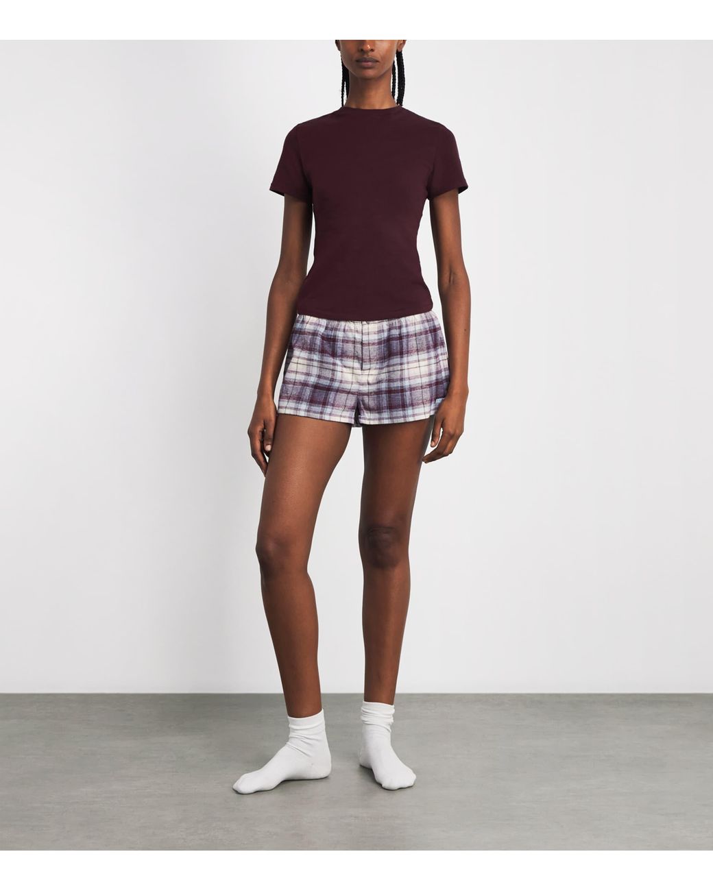 Skims Purple Cotton Check Boxer Sleep Shorts