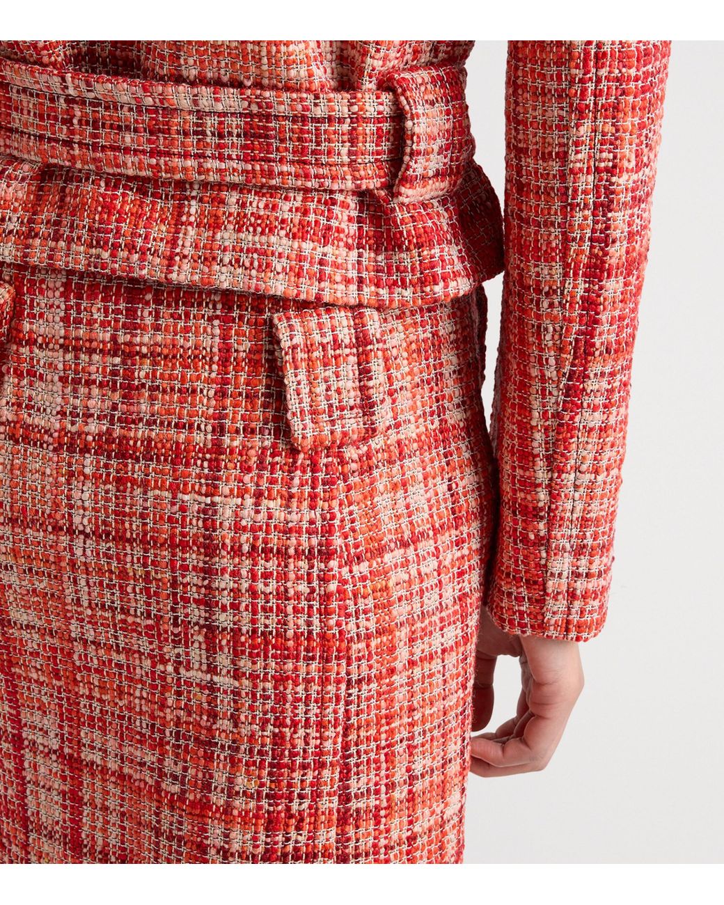 Prada Red Tweed Belted Midi Skirt