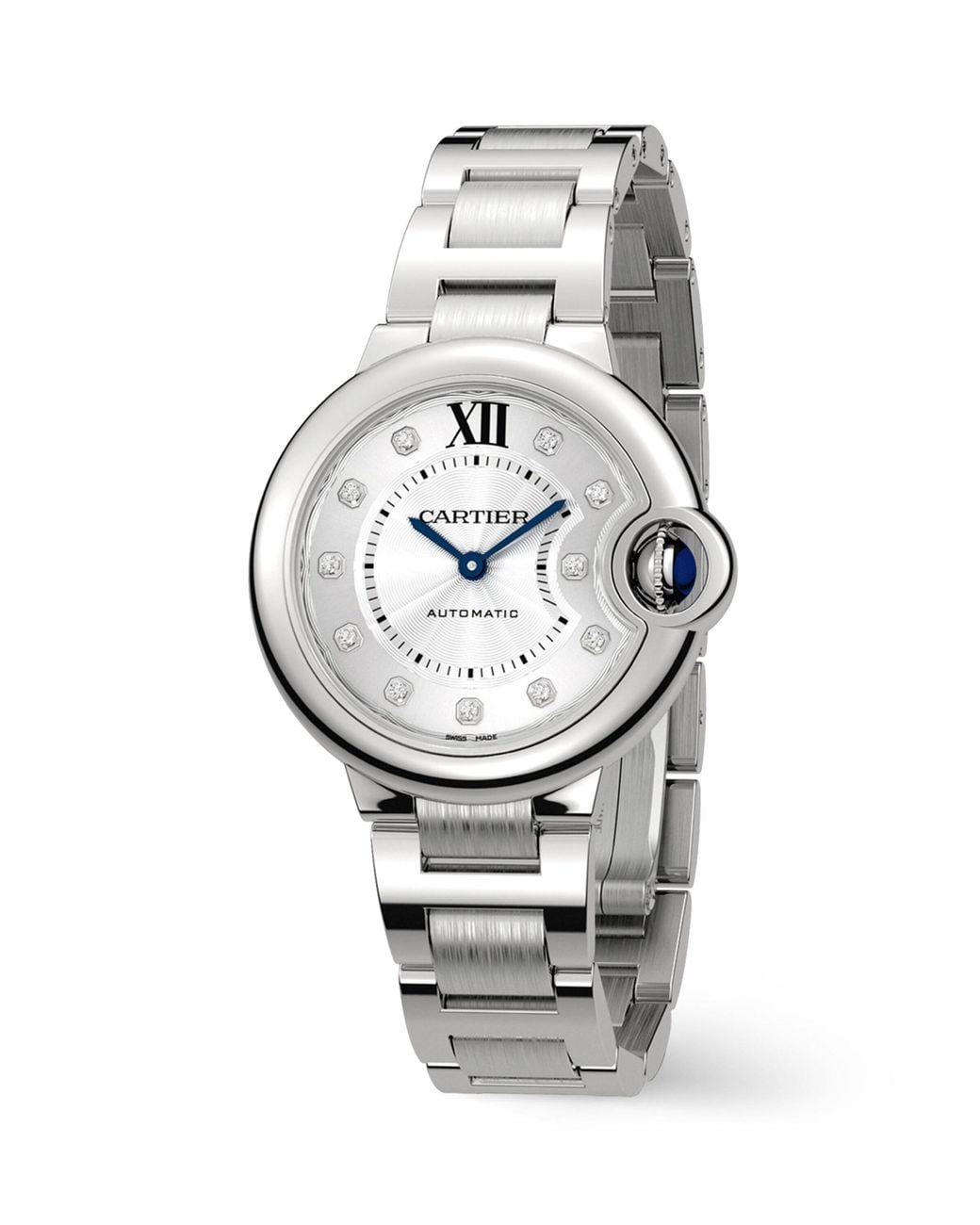 Cartier Metallic Stainless Steel And Diamond Ballon Bleu De Watch 33Mm