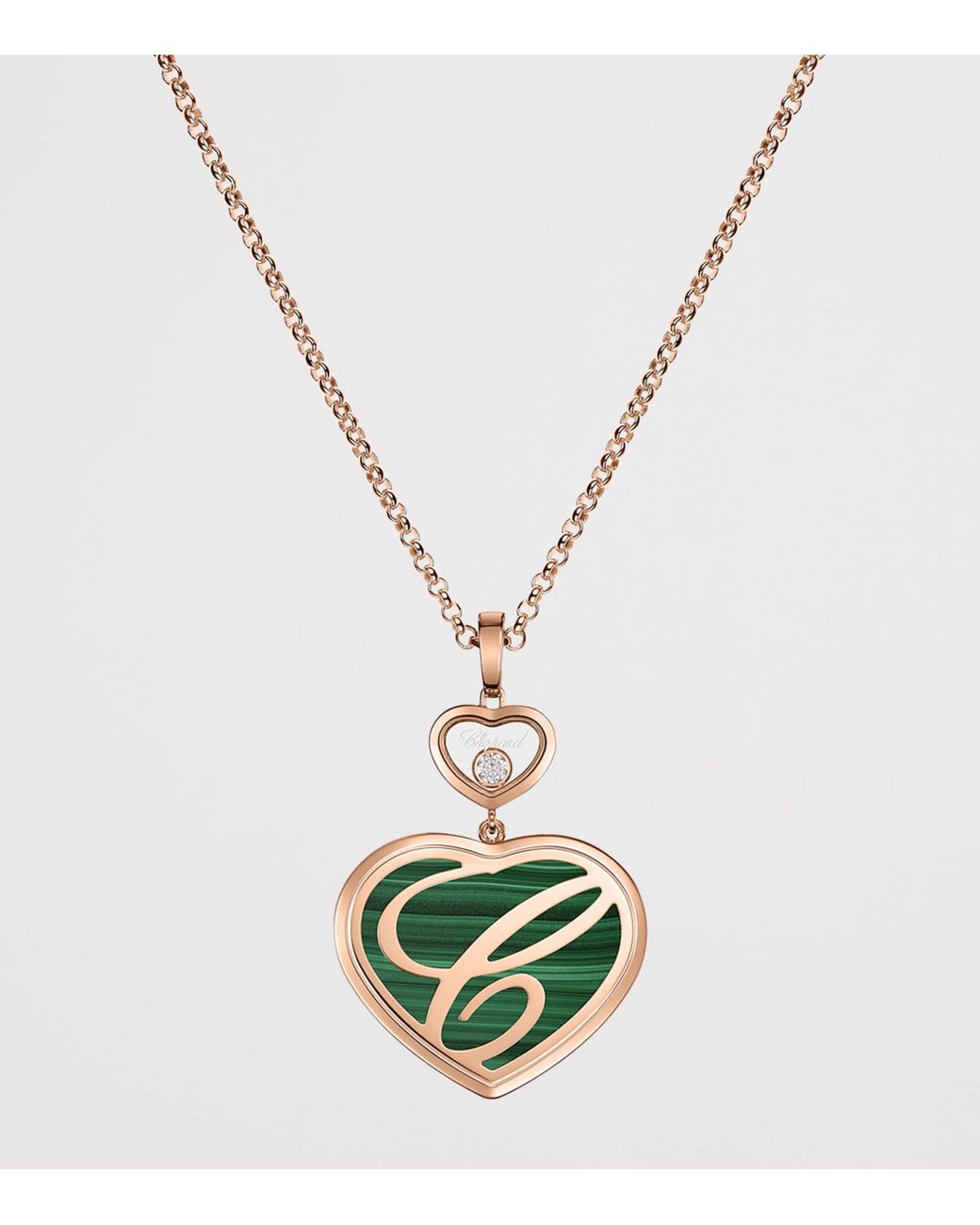 Chopard Metallic Diamond And Malachite Happy Hearts Pendant Necklace