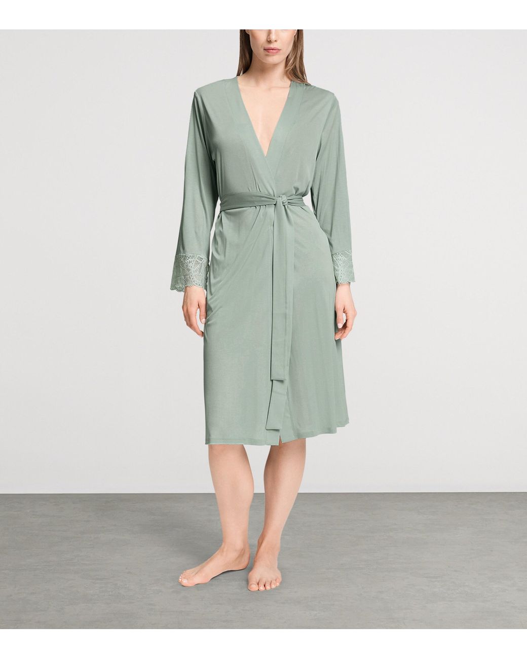 Hanro Gray Modal Lace-Trim Robe