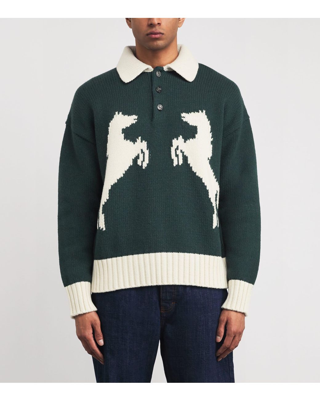 AMI Green Wool-Blend Intarsia Polo Sweater for men