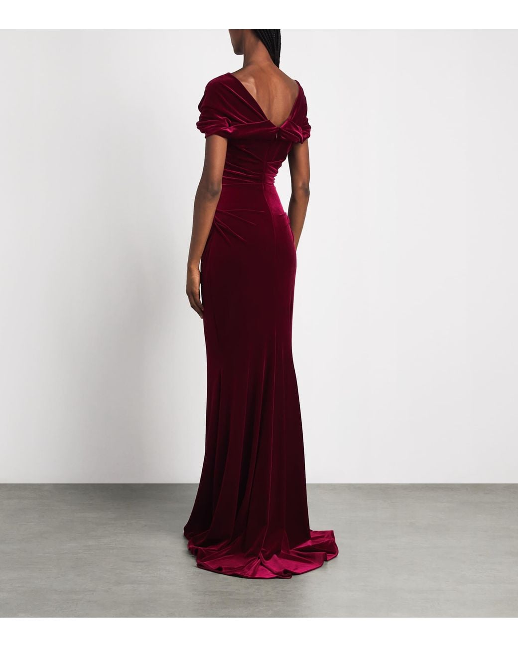 Talbot Runhof Red Stretch-Velvet Ruched Gown