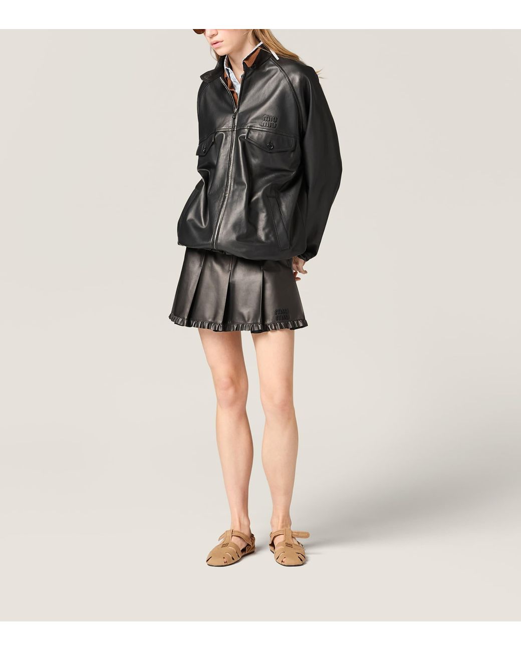 Miu Miu Black Nappa Leather Pleated Mini Skirt