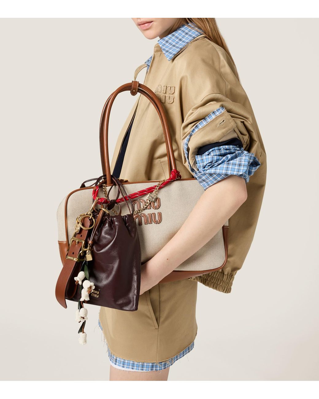Miu Miu Natural Leather-Canvas Beau Top-Handle Bag
