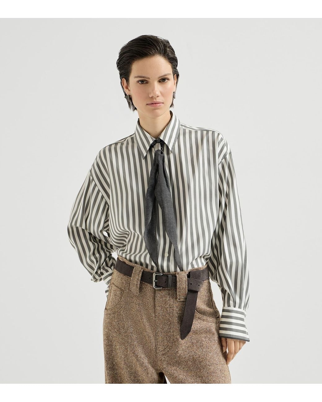 Brunello Cucinelli White Silk Poplin Foulard-Detail Shirt