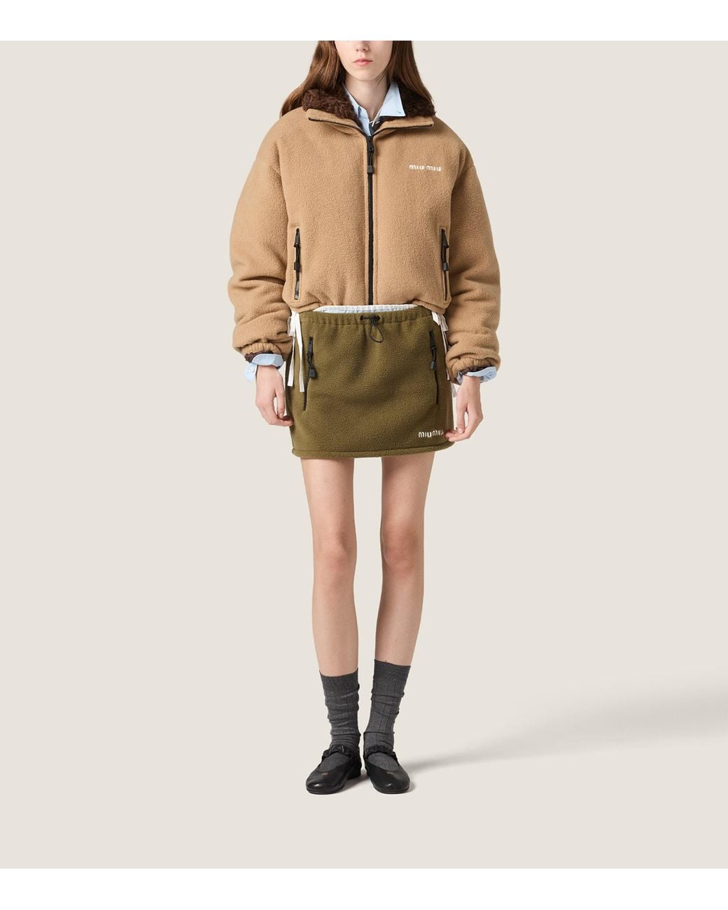 Miu Miu Natural Teddy Funnel-Neck Puffer Jacket
