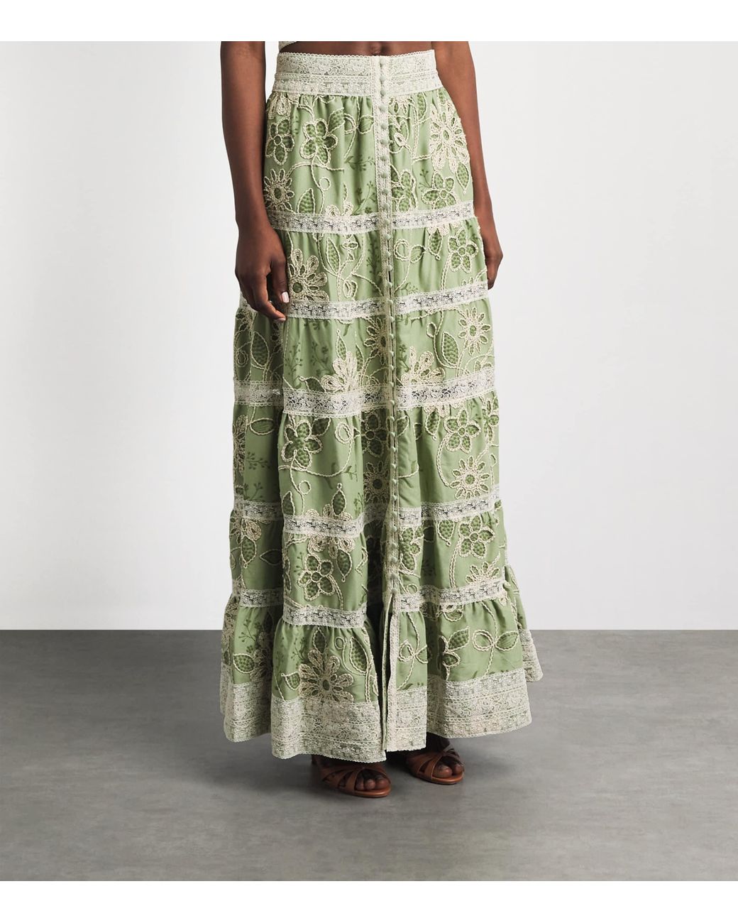 Alice + Olivia Green Embroidered Adira Maxi Skirt