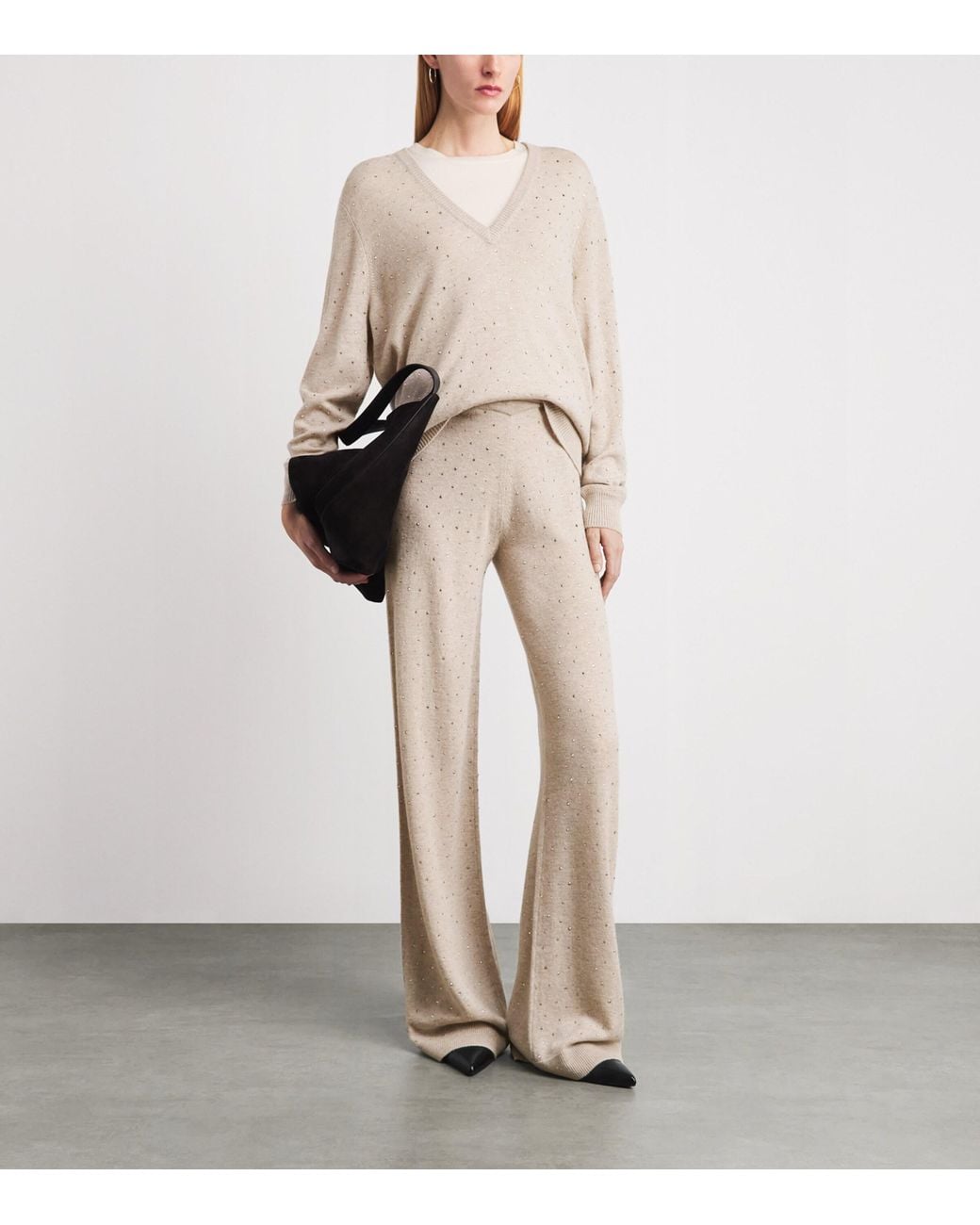 Allude White Wool-Cashmere Crystal-Embellished Trousers