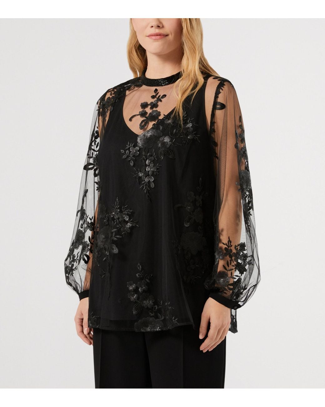 Marina Rinaldi Black Embellished Sheer Layered Blouse