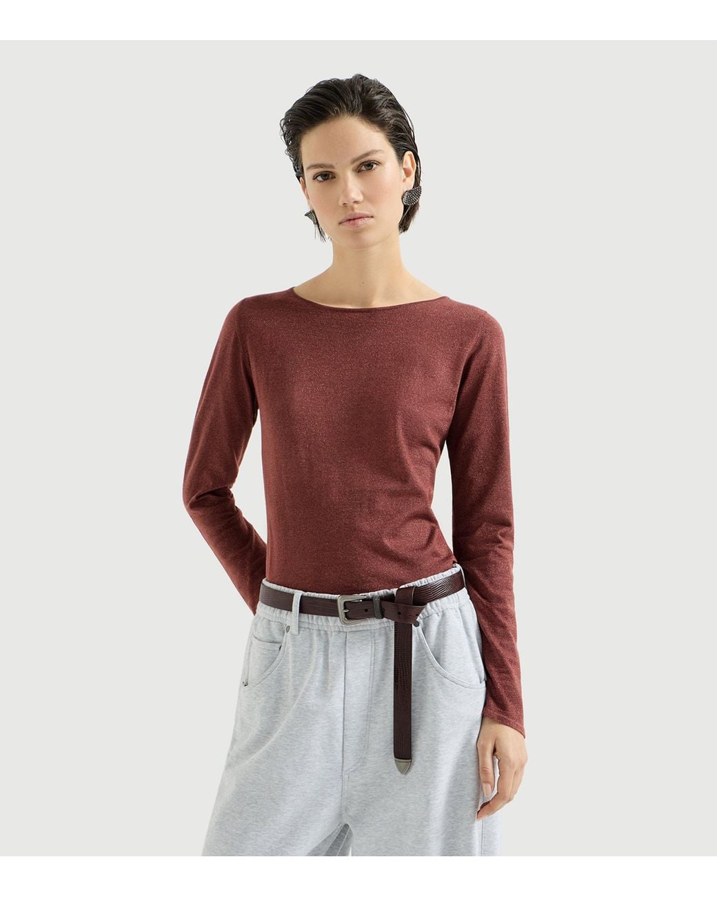 Brunello Cucinelli Red Cashmere-Blend Sparkling Long-Sleeve T-Shirt