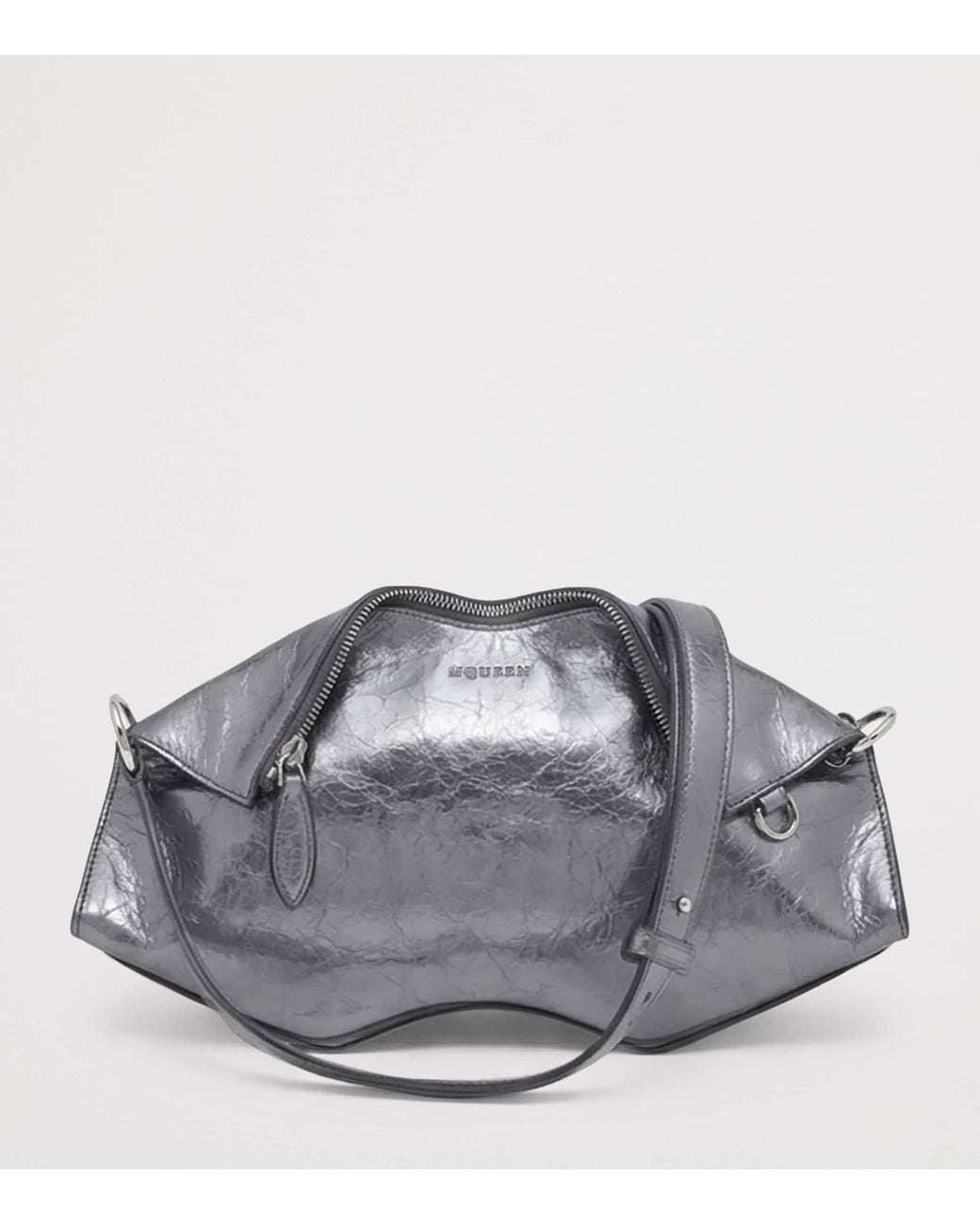 McQueen Gray Cracked Metallic Leather Manta Pouch