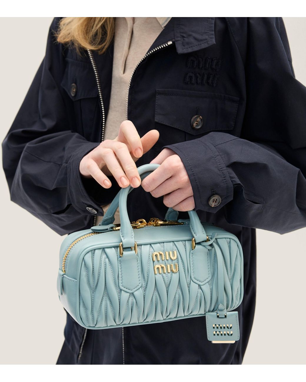 Miu Miu Blue Matelassé Leather Arcadie Top-Handle Bag