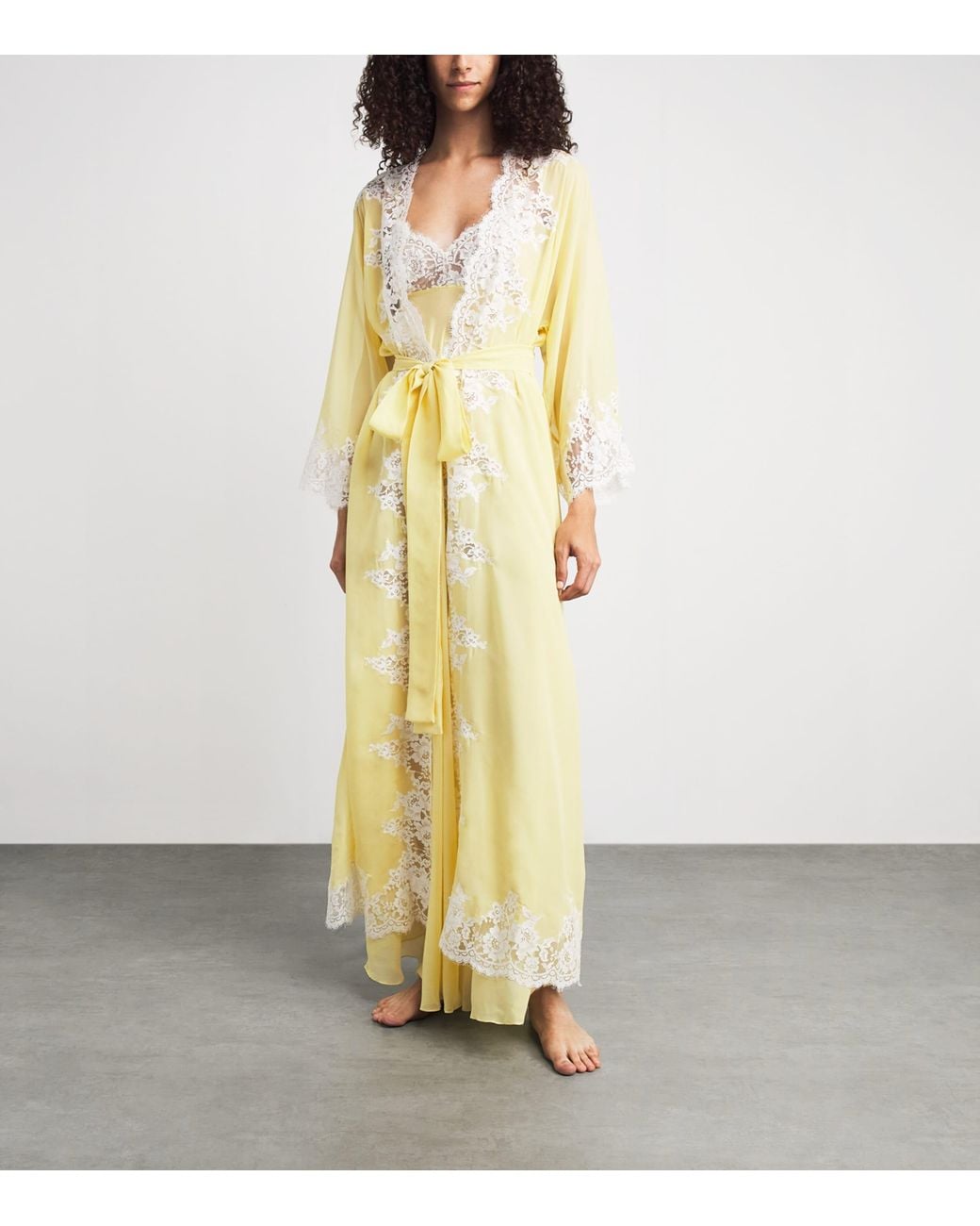 Rosamosario Yellow Silk Georgette Lace La Papessa Robe