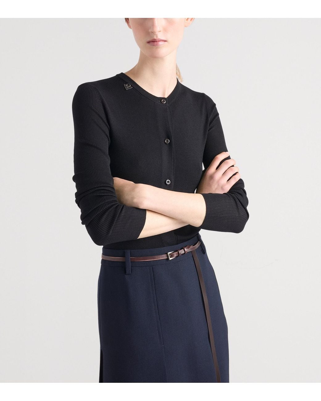 Prada Black Wool Ribbed Slim Cardigan