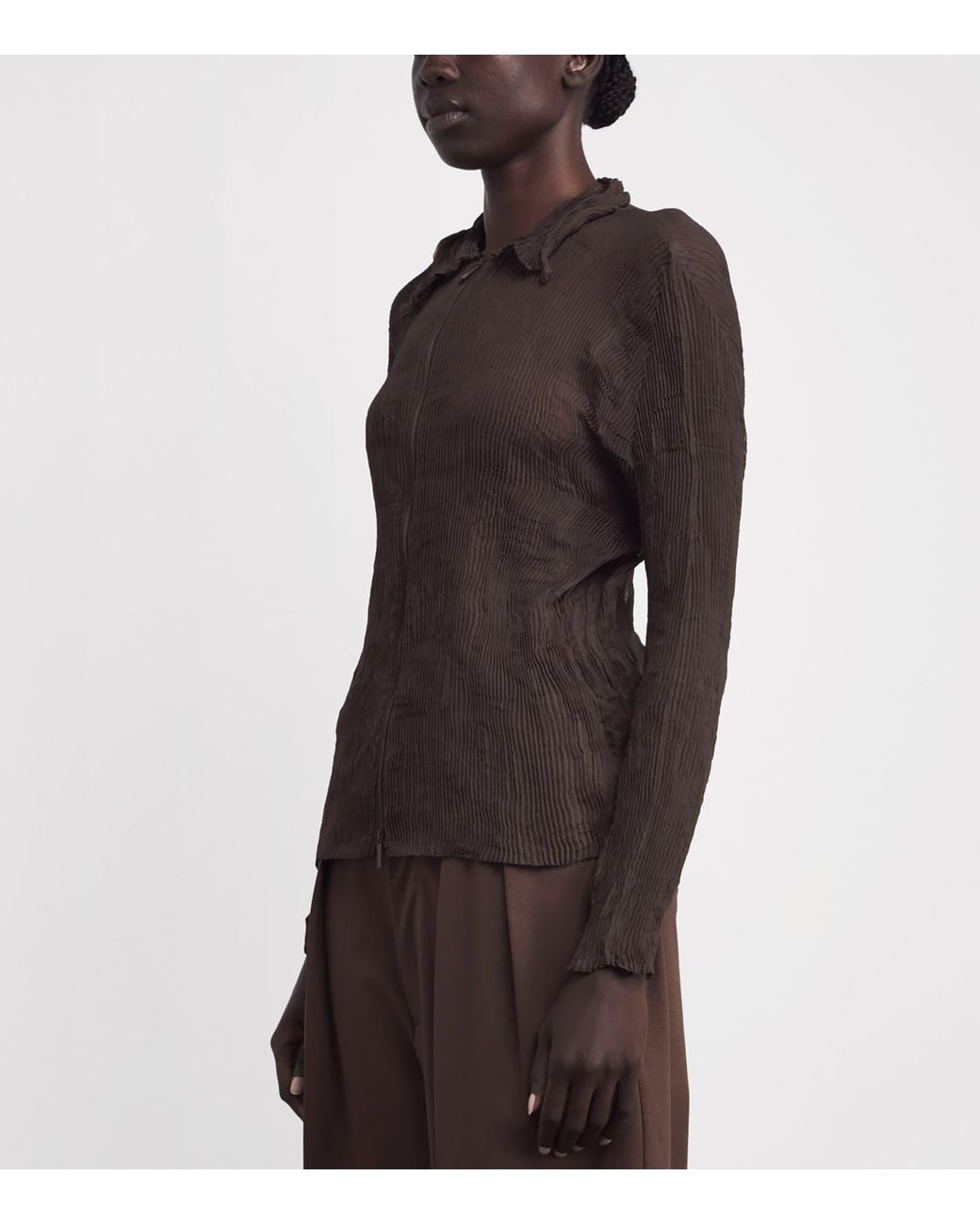 Issey Miyake Brown Chiffon Twist 1 Pleats Zip Cardigan