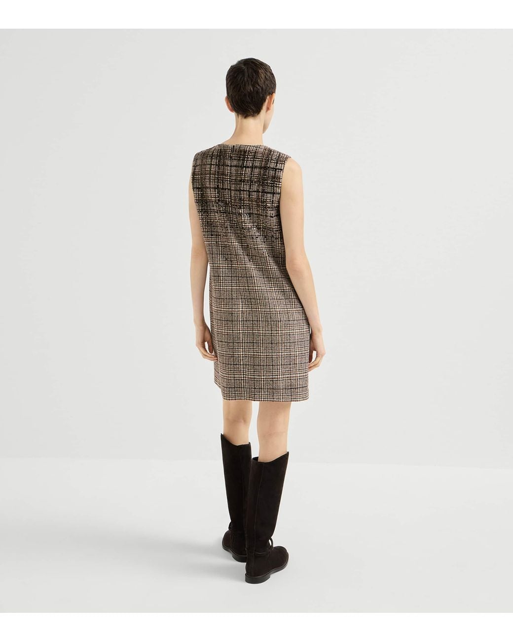 Brunello Cucinelli Brown Alpaca-Wool-Blend Check Mini Dress