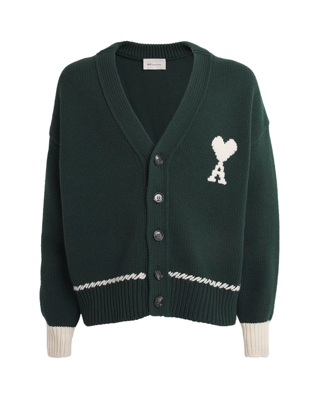 AMI Green Wool-Blend Whipstitch Logo Cardigan for men