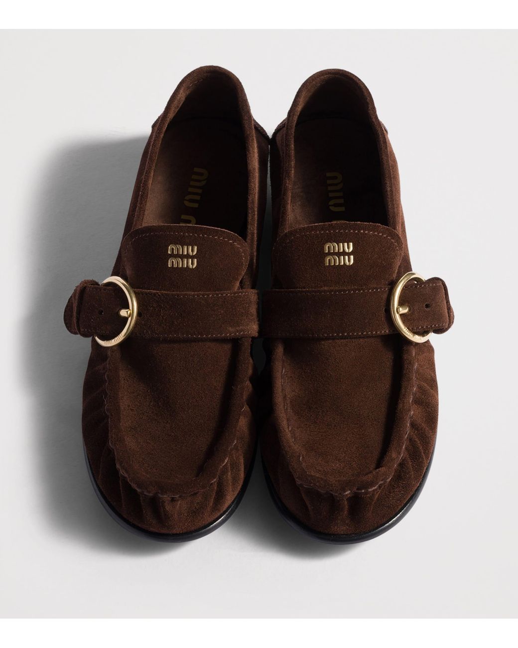 Miu Miu Brown Suede Side-Buckle Loafers
