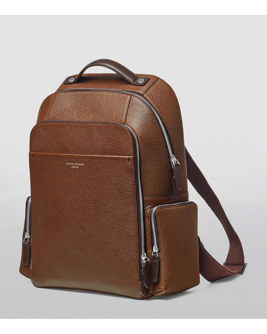 Aspinal Brown Pebble Leather Reporter Zipped Backpack