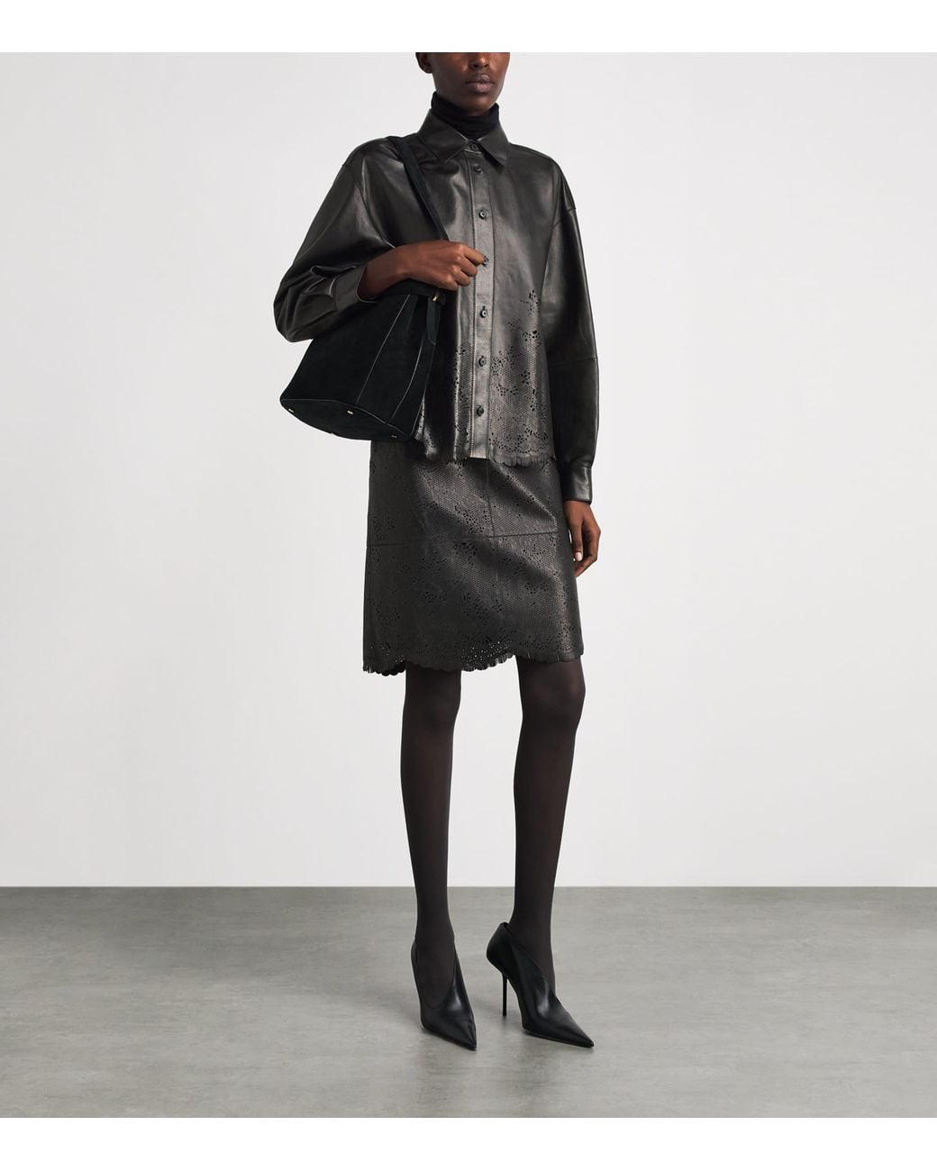 Lafayette 148 New York Black Lambskin Laser-Cut Mini Skirt