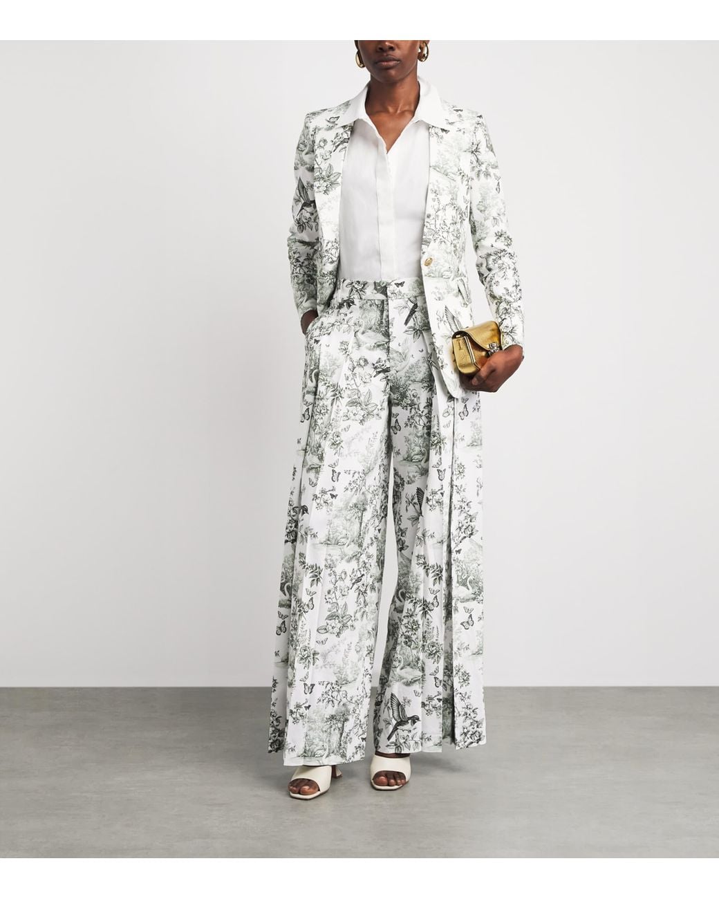 Alice + Olivia White Linen-Blend Printed Macey Blazer