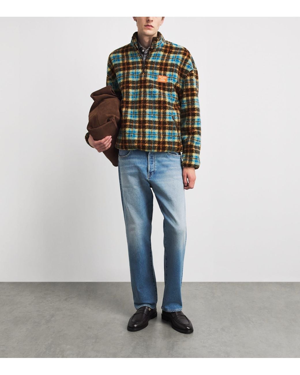 Drole de Monsieur Green Check Sherpa Quarter-Zip Sweater for men