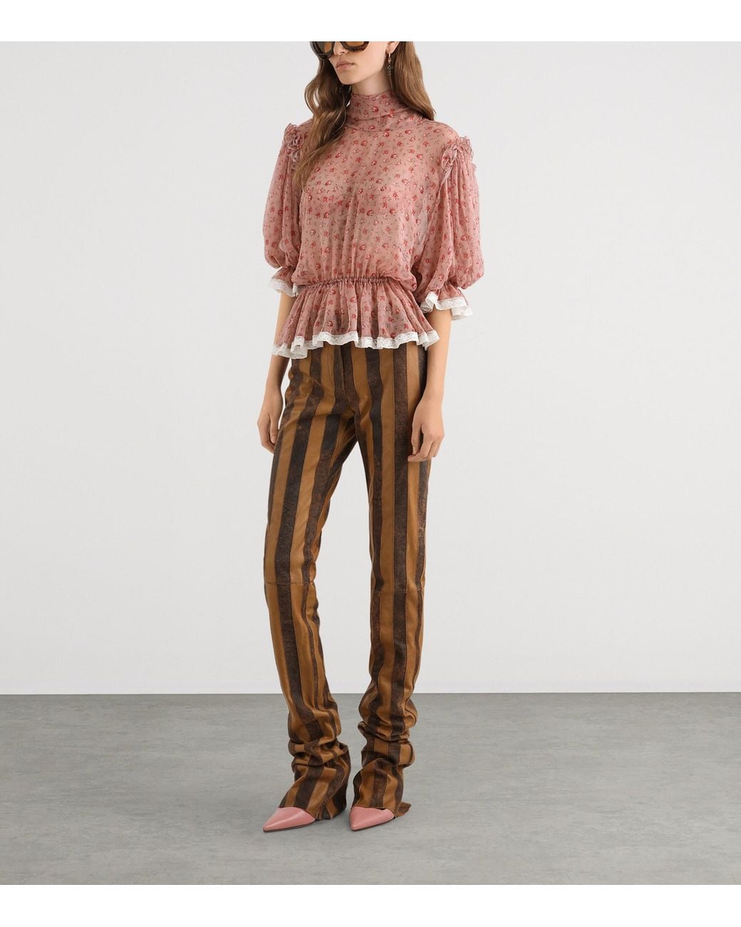 Dolce & Gabbana Brown Leather Striped Slim Trousers