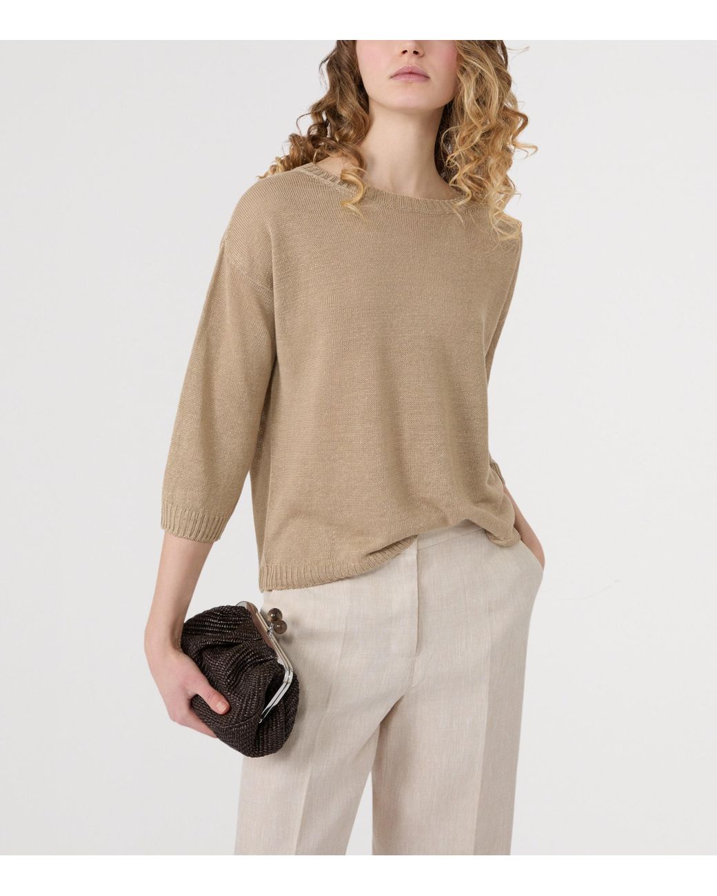 Weekend by Maxmara Natural Linen Cropped-Sleeve Sweater