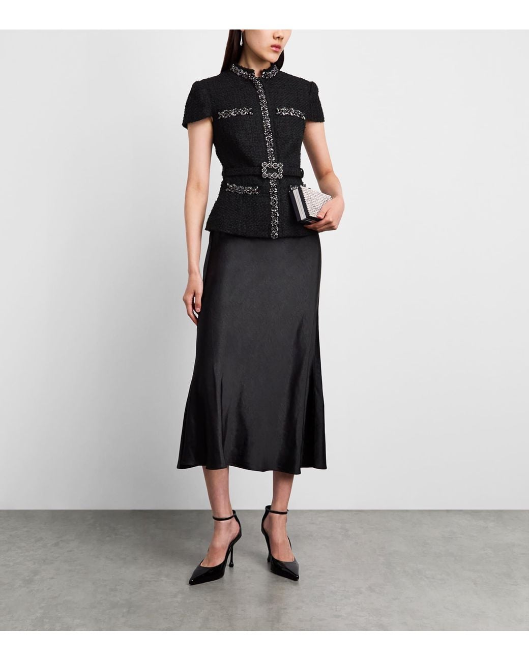 Self-Portrait Black Satin Bouclé Crystal-Embellished Midi Dress
