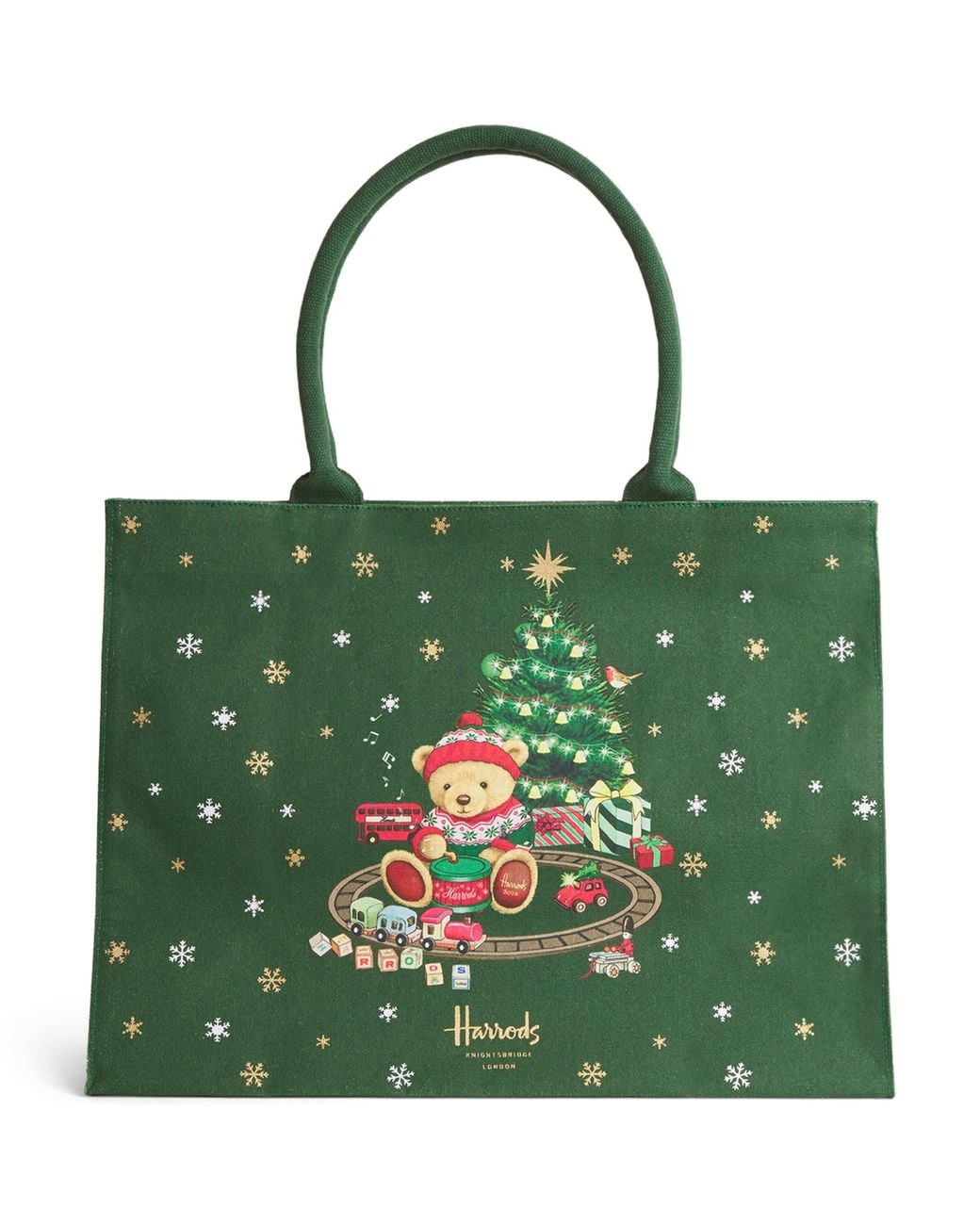 Harrods Green Medium Christmas Bear Tote Bag