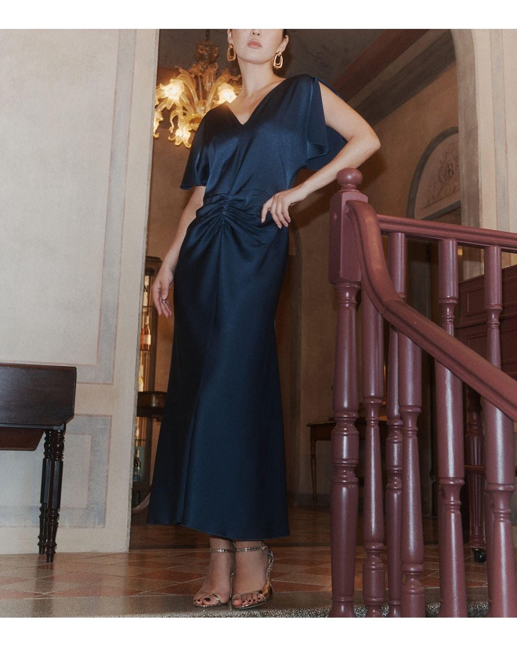 Marella Blue Satin Gathered Midi Dress