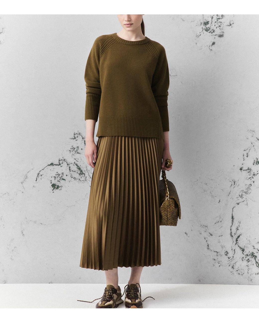 Marella Green Satin Pleated Midi Skirt