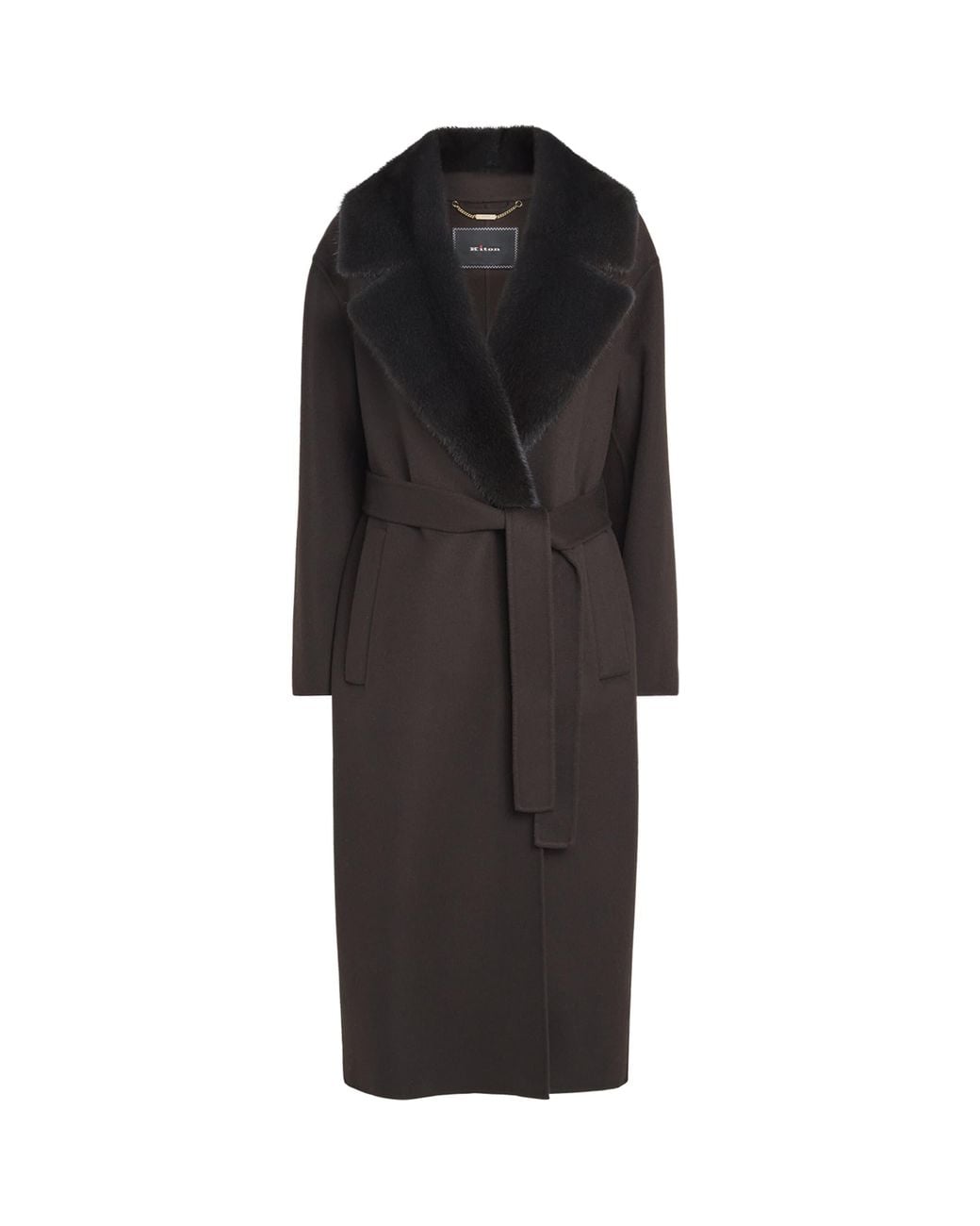 Kiton Black Cashmere Mink-Lapel Wrap Coat