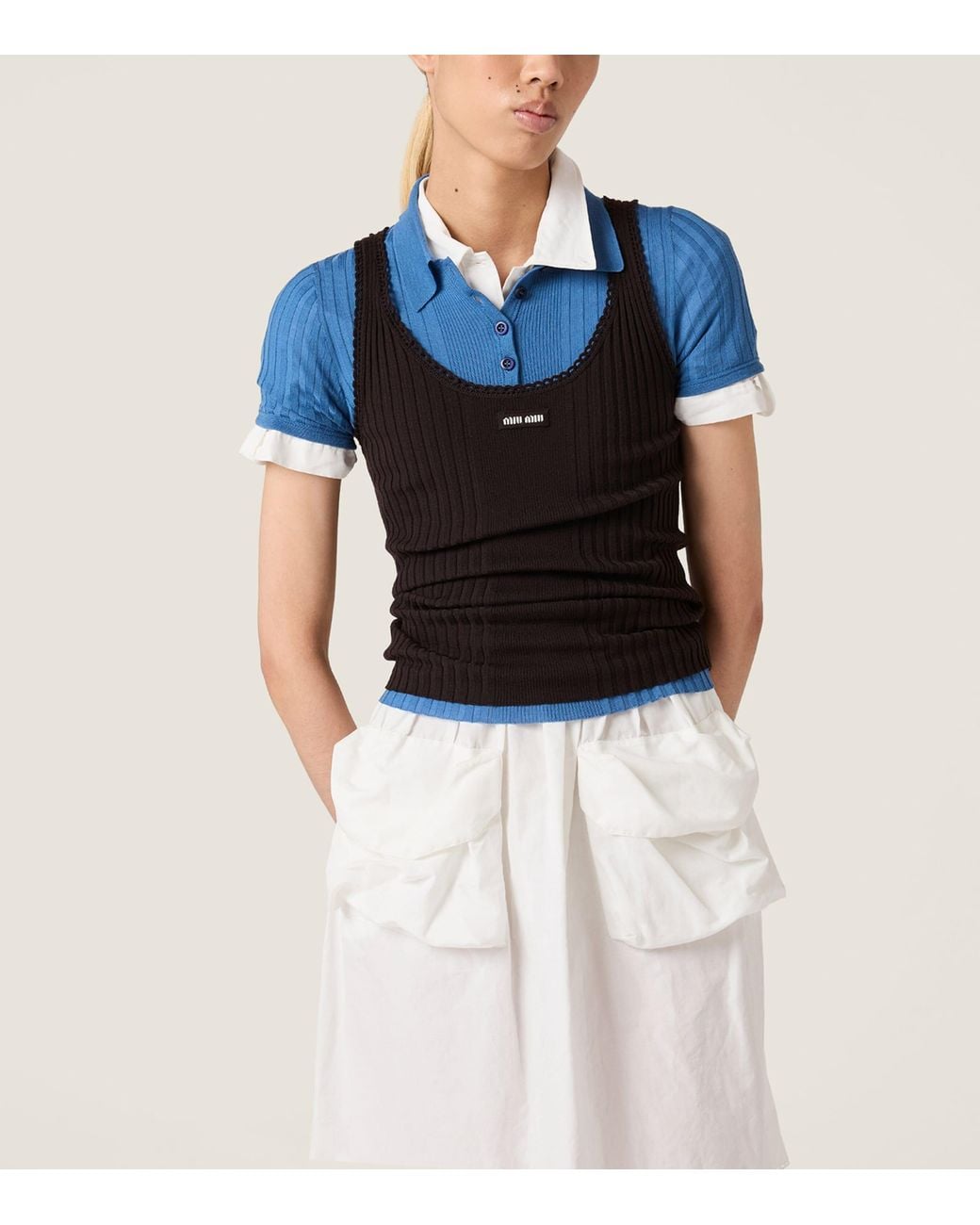Miu Miu Black Wool Ribbed Logo Tank Top