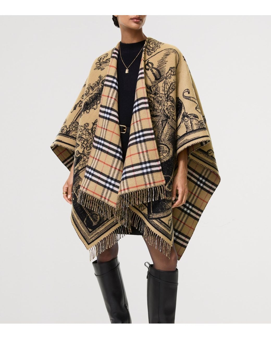 Burberry Metallic Wool Reversible Check Ekd Cape