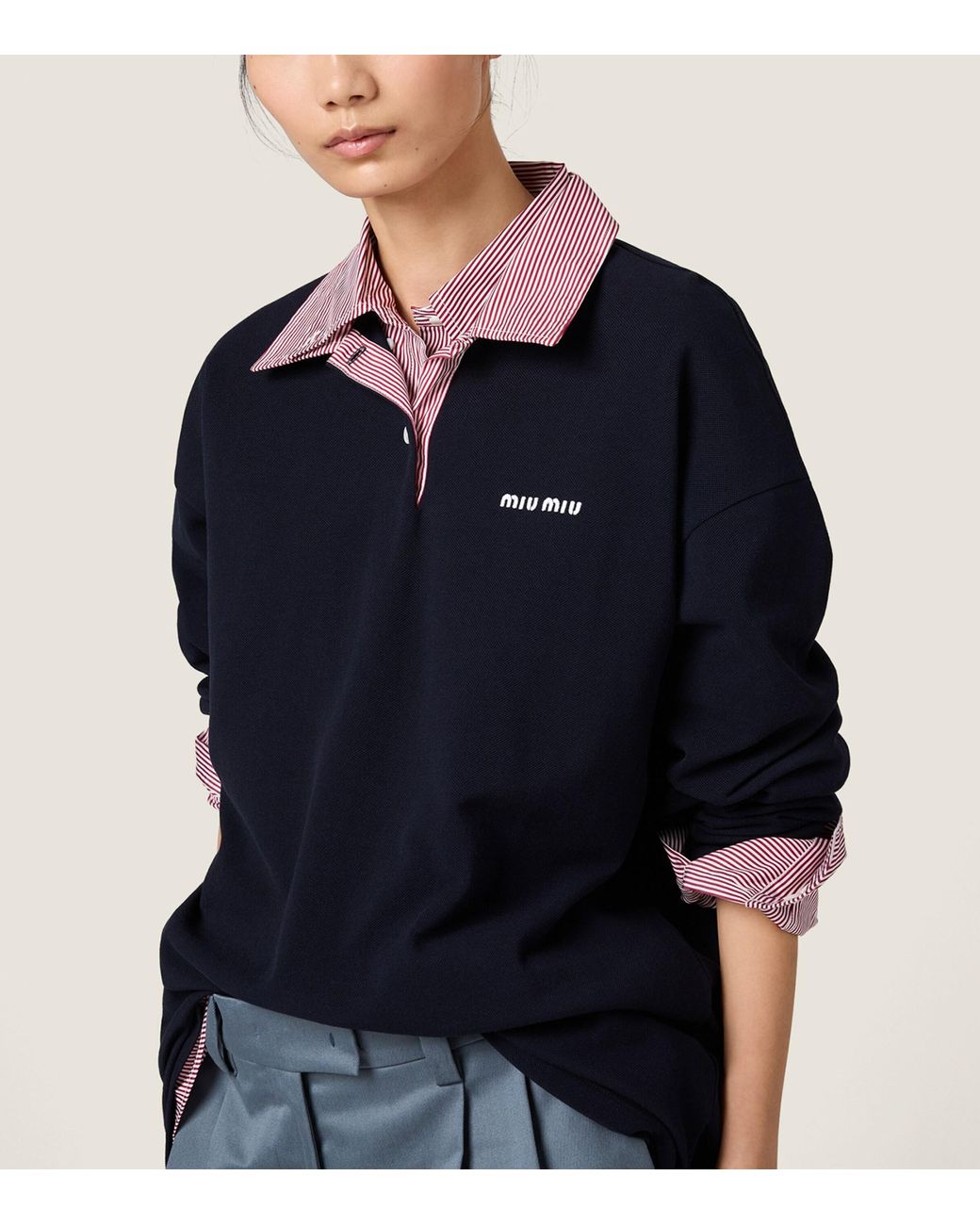 Miu Miu Blue Cotton Contrast Collar Polo Shirt