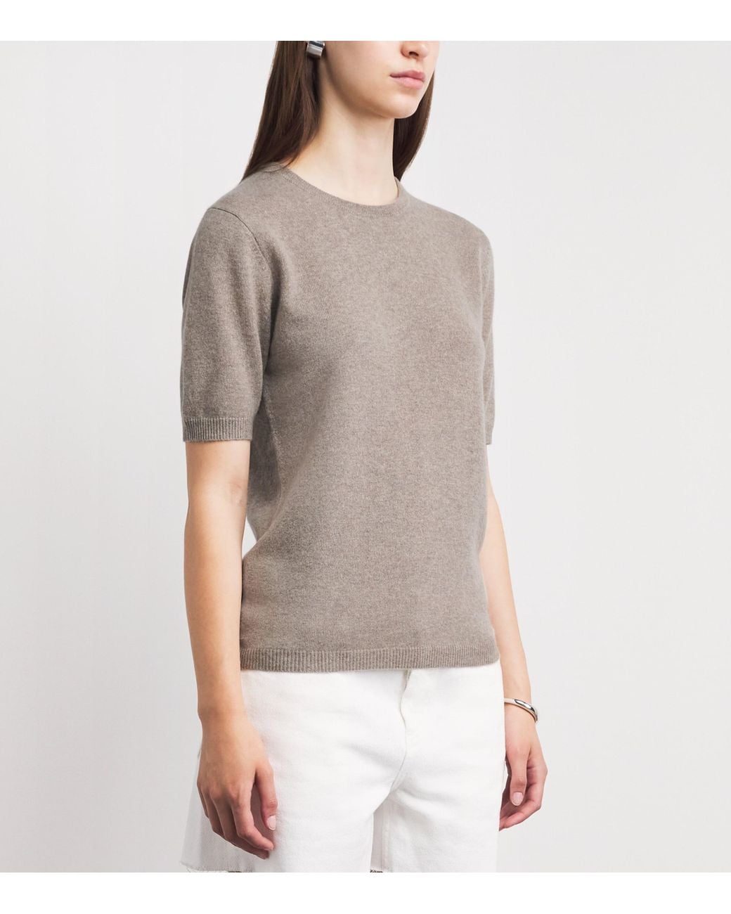 Soft Goat Gray Cashmere Short-Sleeve Sweater