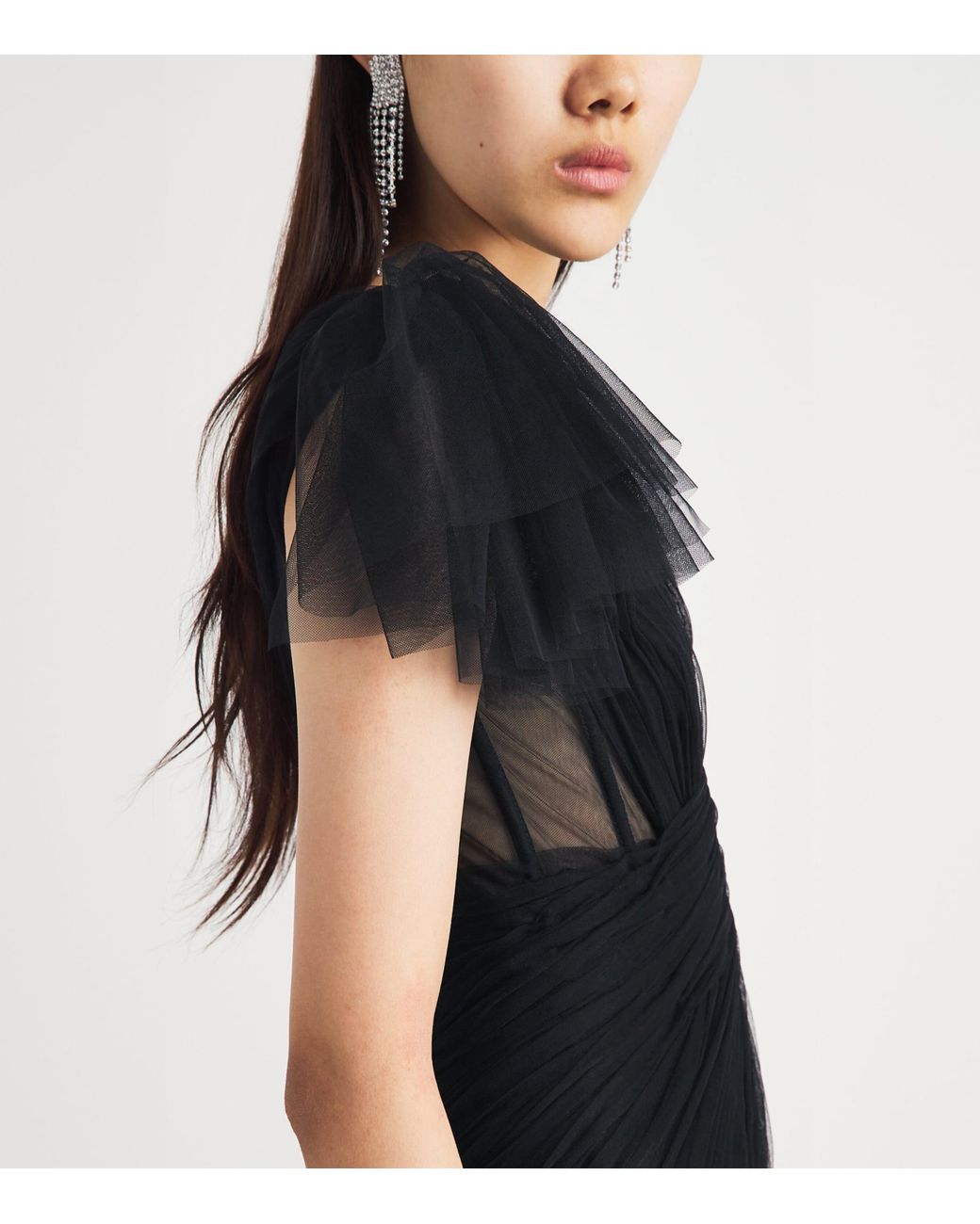Sandra Mansour Black Tulle One-Shoulder Gown