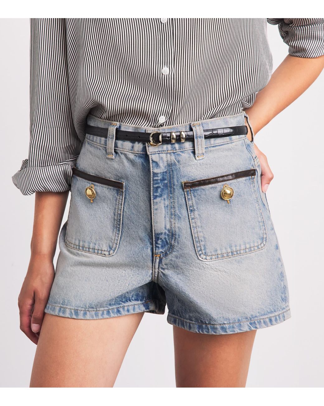 Sandro Blue Leather-Trim Denim Shorts