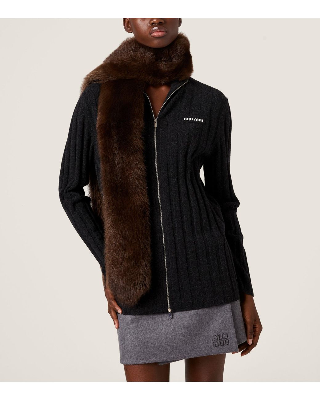 Miu Miu Black Wool-Cashmere Ribbed Cardigan