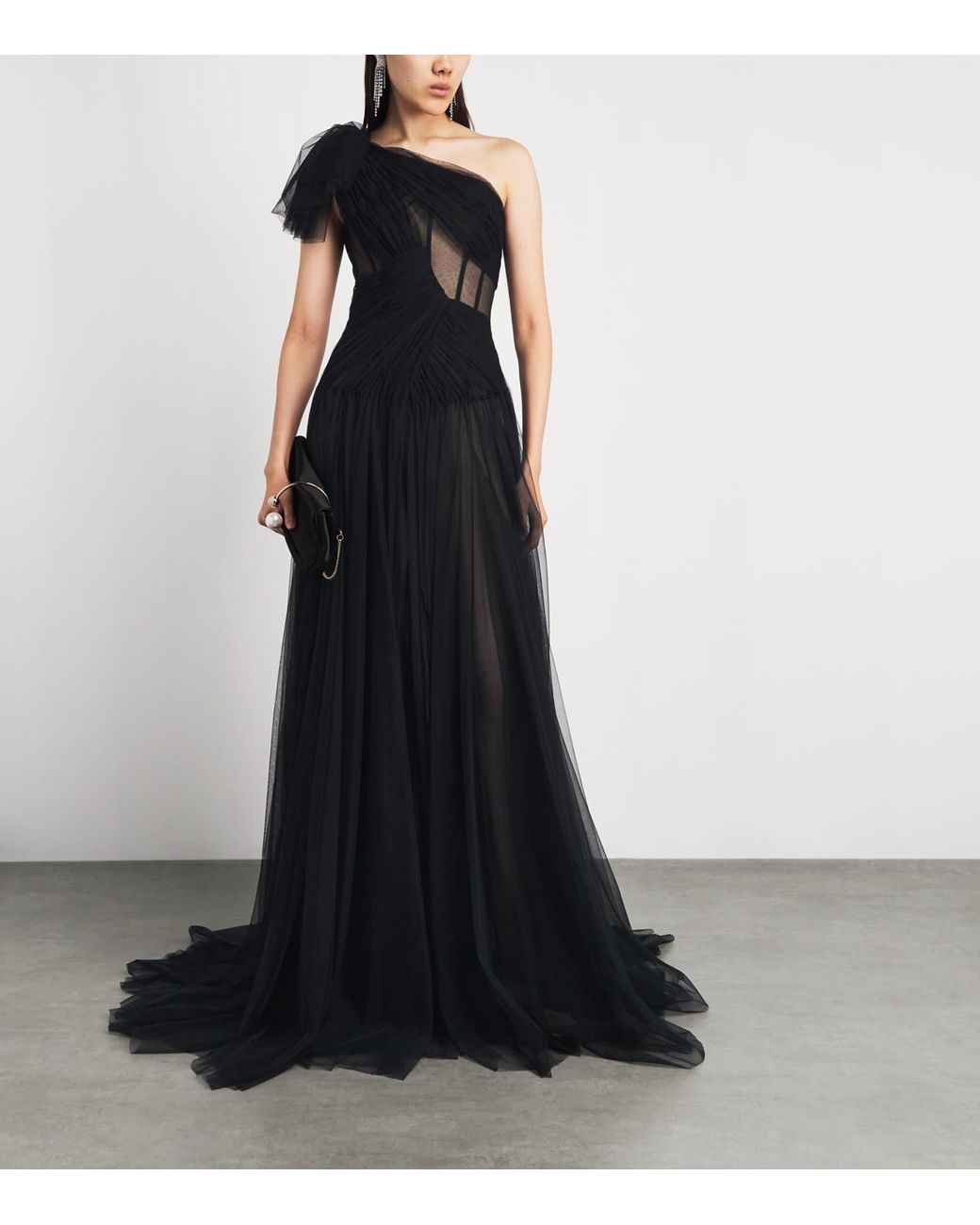 Sandra Mansour Black Tulle One-Shoulder Gown