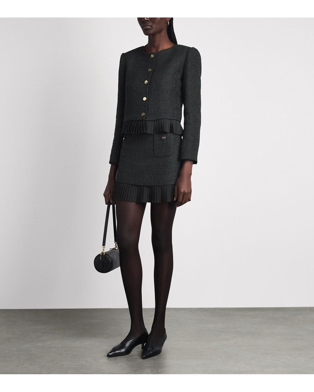 Sandro Black Tweed Ruffle-Trim Jacket