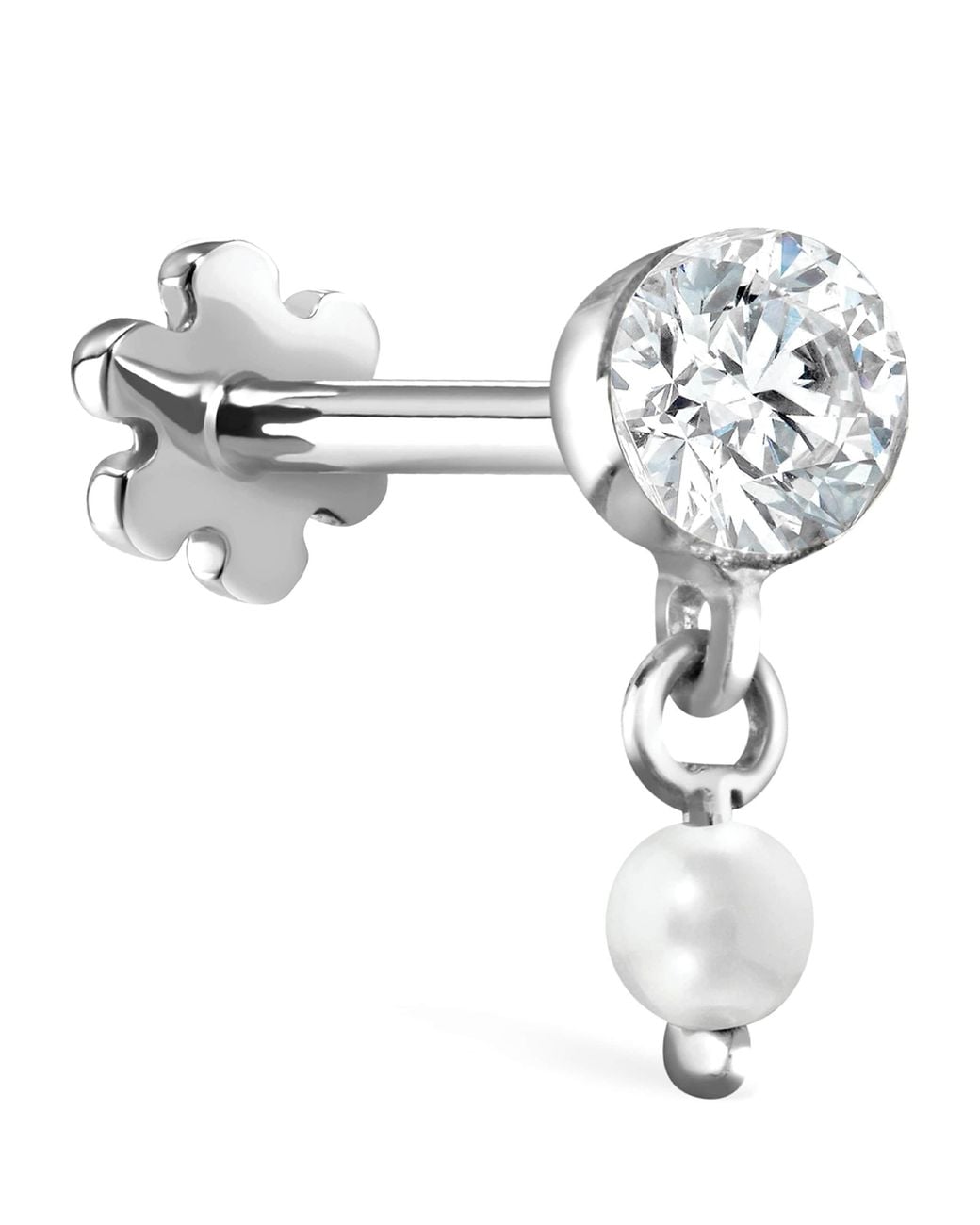 Maria Tash White Invisible Set Diamond And Pearl Dangle Threaded Stud Earring