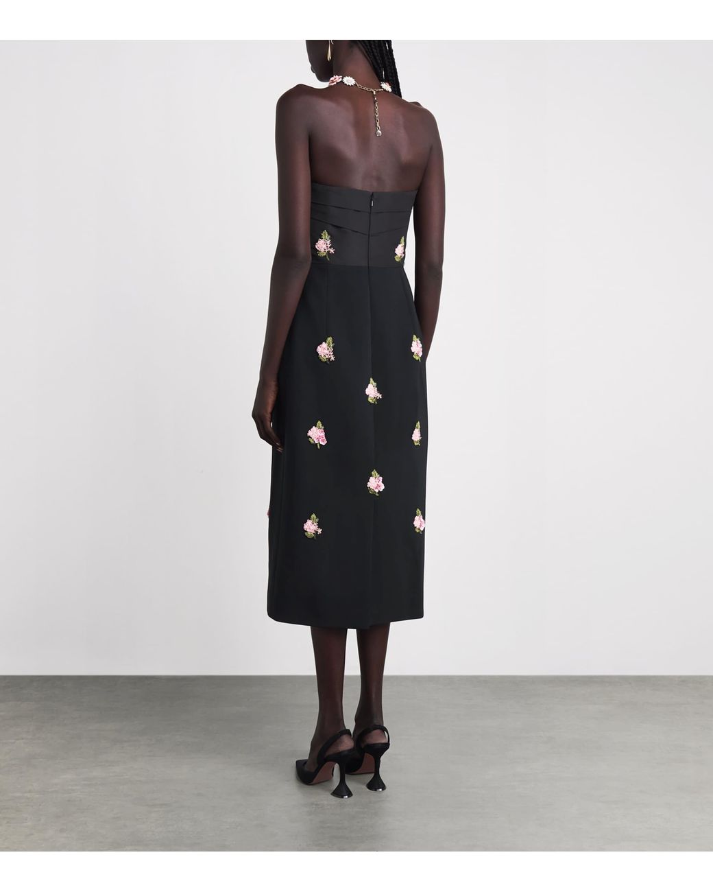 Carolina Herrera Black Floral Embroidered Strapless Midi Dress