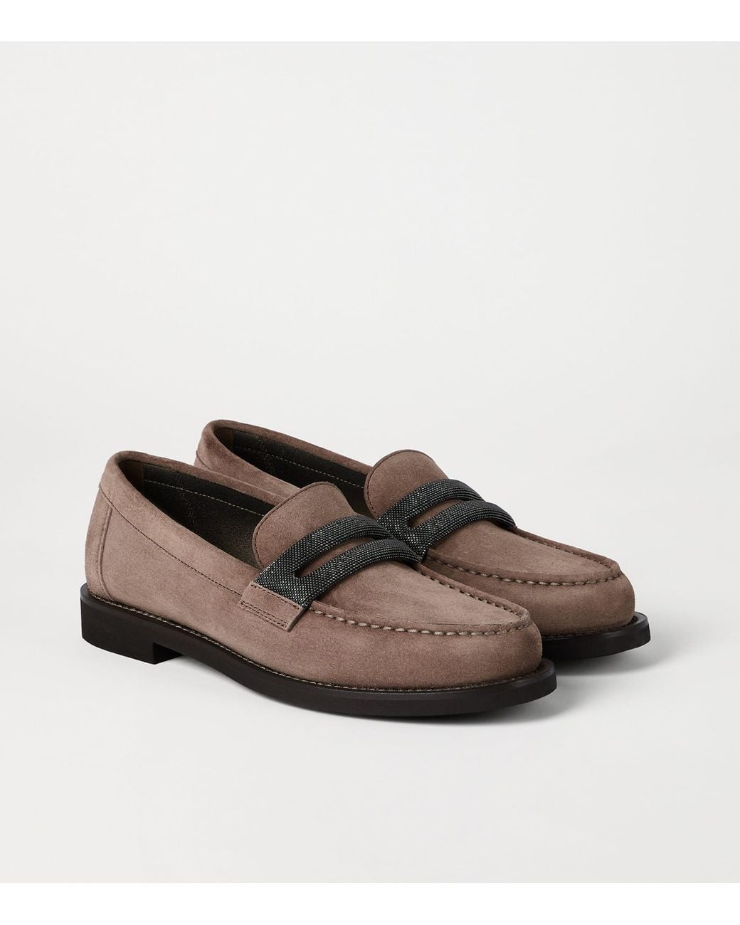 Brunello Cucinelli Brown Suede Monili-Embroidered Penny Loafers