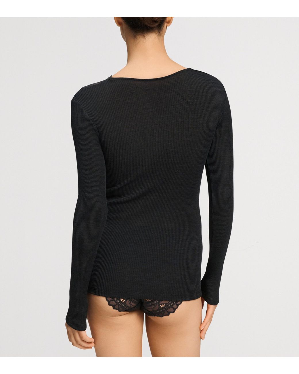 Hanro Black Wool-Silk Lace-V-Neck Top