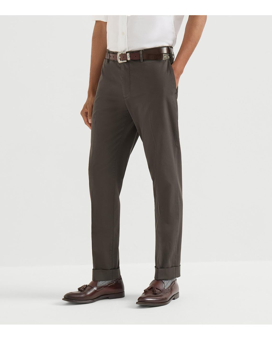 Brunello Cucinelli Gray Stretch-Cotton Gabardine Trousers for men
