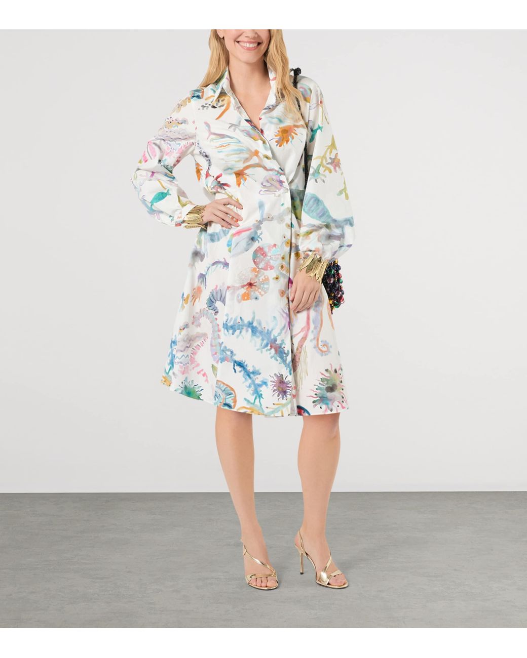 Marina Rinaldi White Cotton Printed Midi Shirt Dress