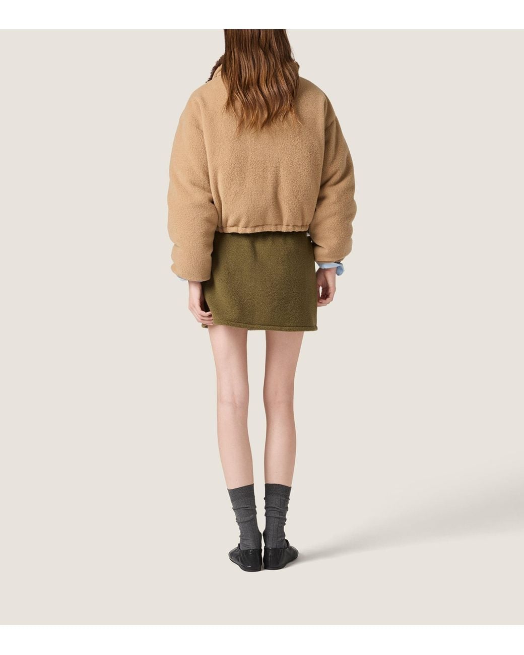 Miu Miu Natural Teddy Funnel-Neck Puffer Jacket